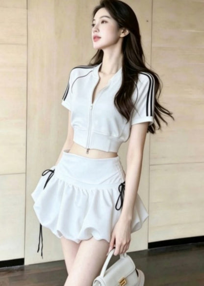 Summer Yellow Zippered Sports Top And High Waisted Skirt Set