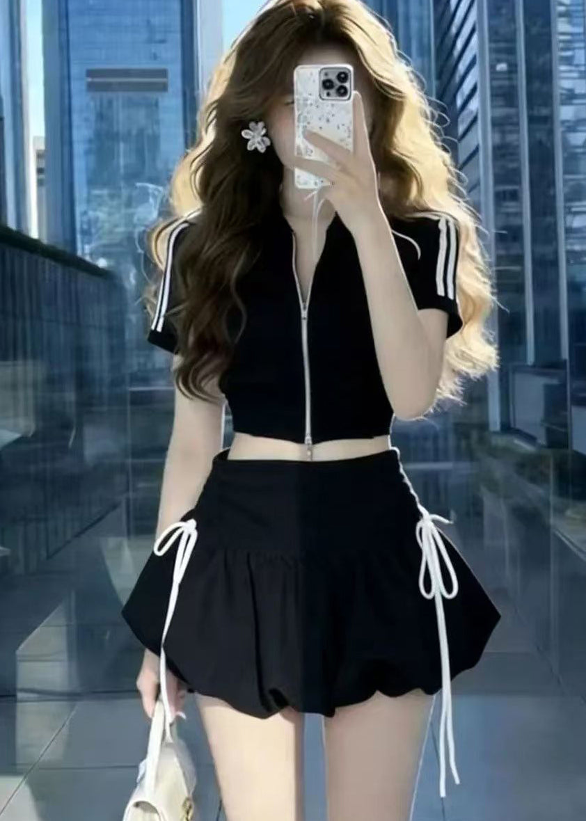 Summer Yellow Zippered Sports Top And High Waisted Skirt Set