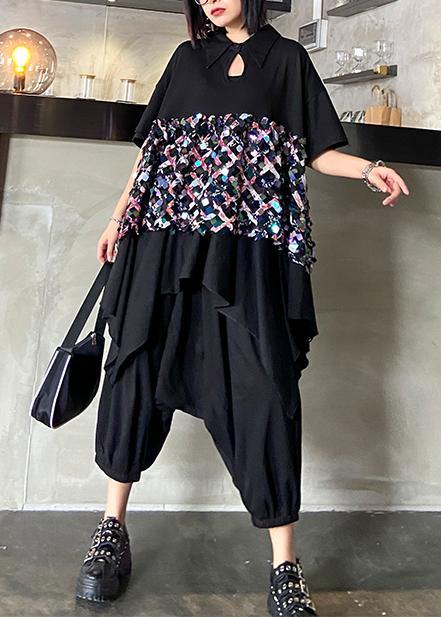 Summer black suit female temperament fashion sequined top harem pants two-piece - SooLinen