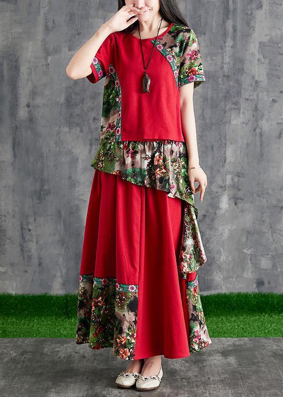 Summer cotton linen color stitching small fresh Chinese body temperament red print two-piece - SooLinen