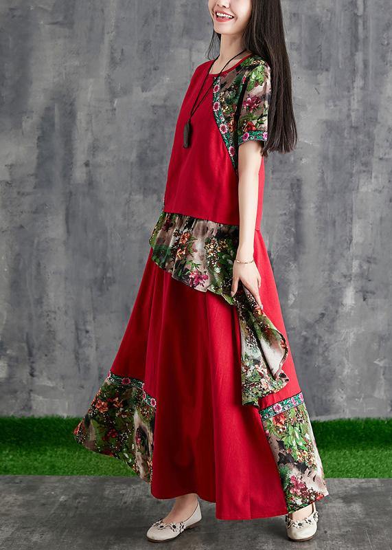 Summer cotton linen color stitching small fresh Chinese body temperament red print two-piece - SooLinen
