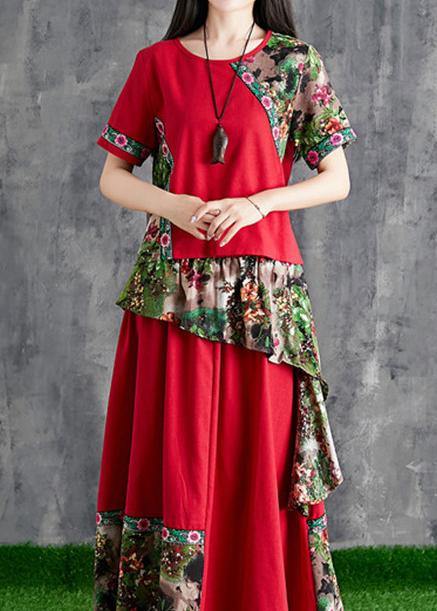 Summer cotton linen color stitching small fresh Chinese body temperament red print two-piece - SooLinen