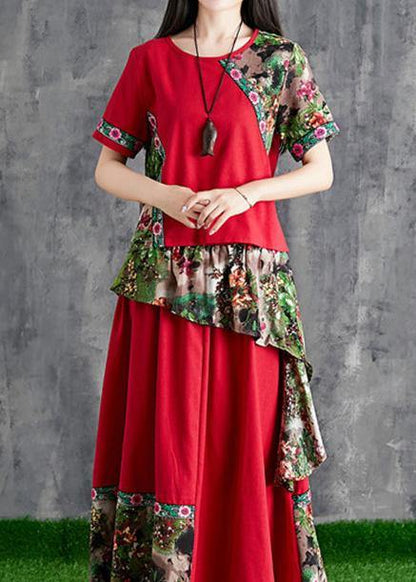 Summer cotton linen color stitching small fresh Chinese body temperament red print two-piece - SooLinen