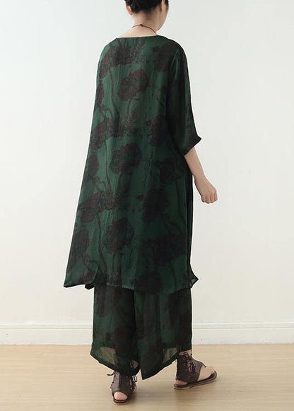 Summer green Chinese Button Print o Neck Silk Satin Top Wide Leg Pants Two Piece - SooLinen