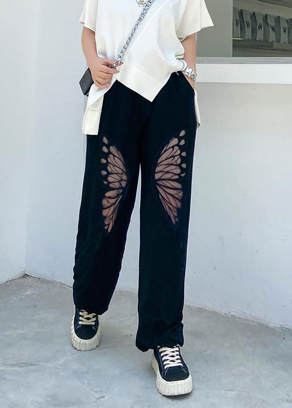 Summer high waist thin big pants women black butterfly pattern Harlan casual trousers - SooLinen