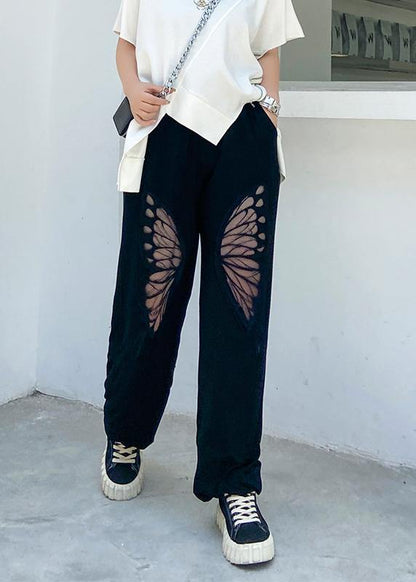 Summer high waist thin big pants women black butterfly pattern Harlan casual trousers - SooLinen