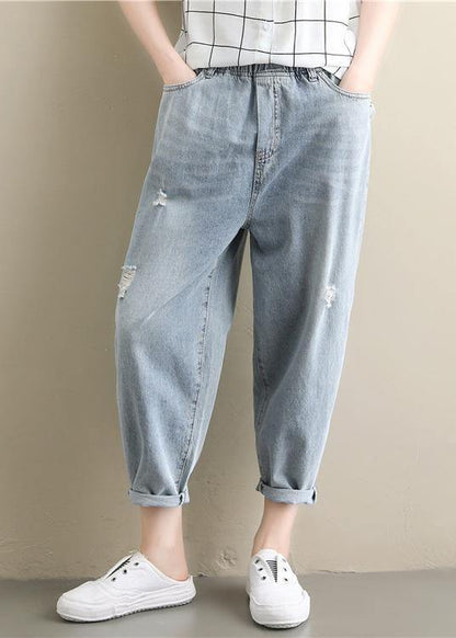 Summer literary large size elastic waist hole thin section light blue nine points casual jeans - SooLinen
