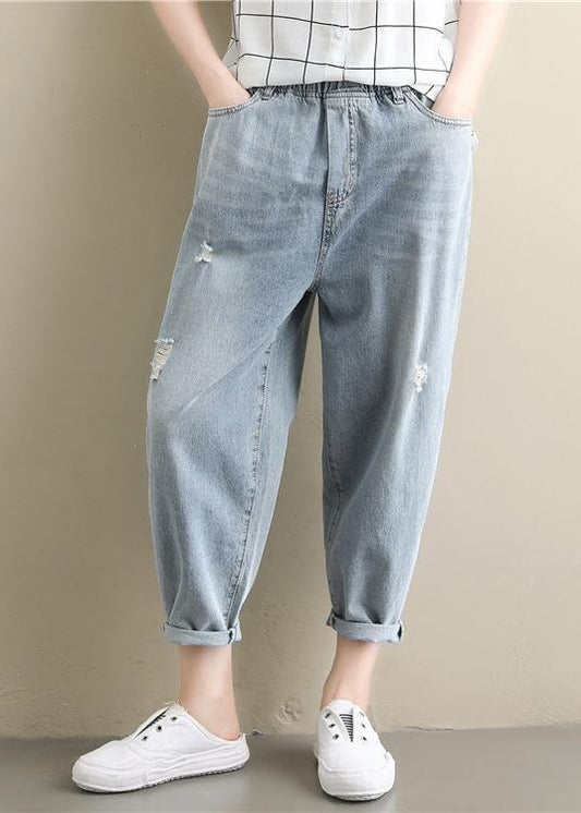 Summer literary large size elastic waist hole thin section light blue nine points casual jeans - SooLinen