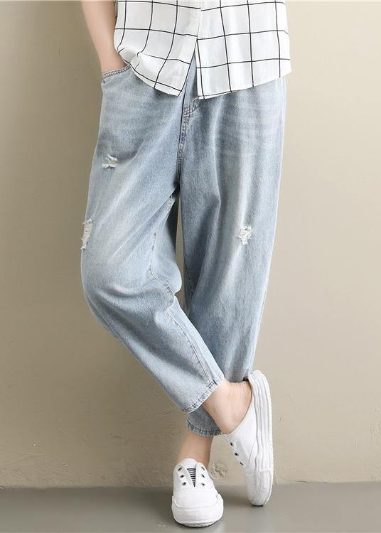 Summer literary large size elastic waist hole thin section light blue nine points casual jeans - SooLinen
