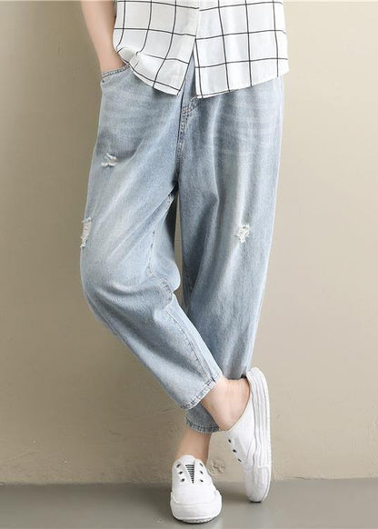 Summer literary large size elastic waist hole thin section light blue nine points casual jeans - SooLinen