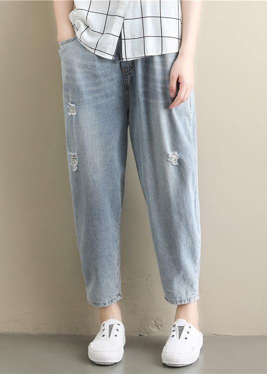 Summer literary large size elastic waist hole thin section light blue nine points casual jeans - SooLinen