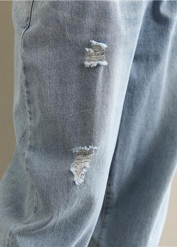 Summer literary large size elastic waist hole thin section light blue nine points casual jeans - SooLinen