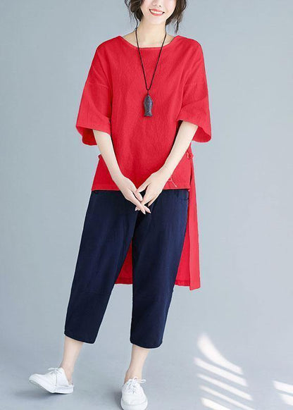 Summer loose large size solid color wild five-point sleeve red shirt harem pants suit - SooLinen