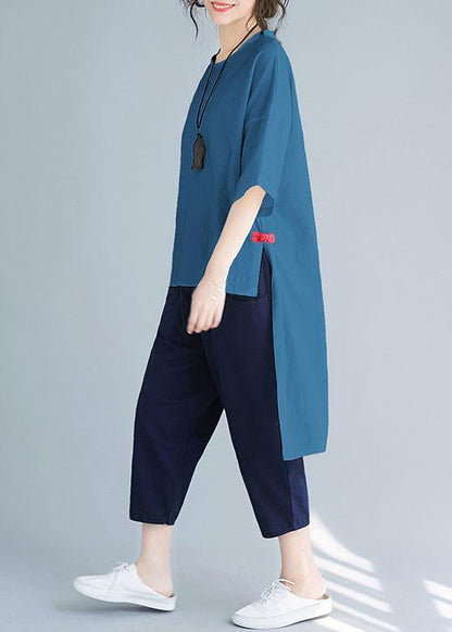 Summer loose large size solid color wild five-point sleeve red shirt harem pants suit - SooLinen