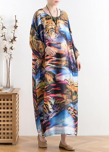 Summer new chiffon holiday style plus size women's retro dress loose printed long skirt - SooLinen
