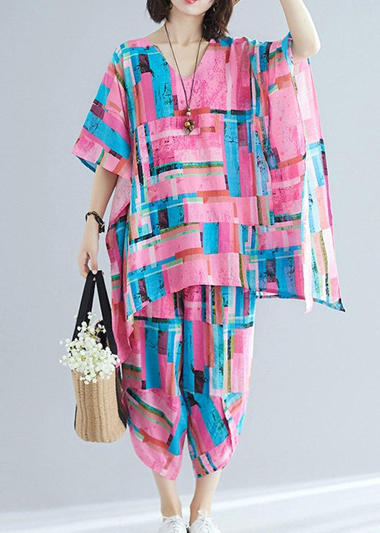 Summer new large size women's art pink print plus long T-shirt + cotton and linen seven points casual pants - SooLinen