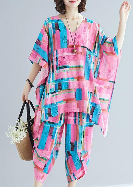 Summer new large size women's art pink print plus long T-shirt + cotton and linen seven points casual pants - SooLinen