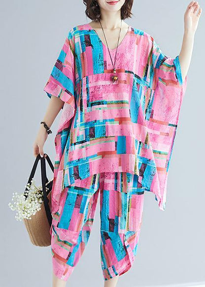 Summer new large size women's art pink print plus long T-shirt + cotton and linen seven points casual pants - SooLinen