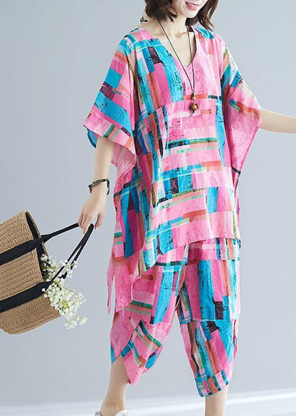 Summer new large size women's art pink print plus long T-shirt + cotton and linen seven points casual pants - SooLinen