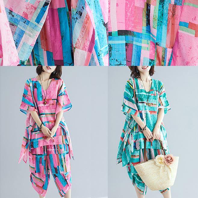 Summer new large size women's art pink print plus long T-shirt + cotton and linen seven points casual pants - SooLinen