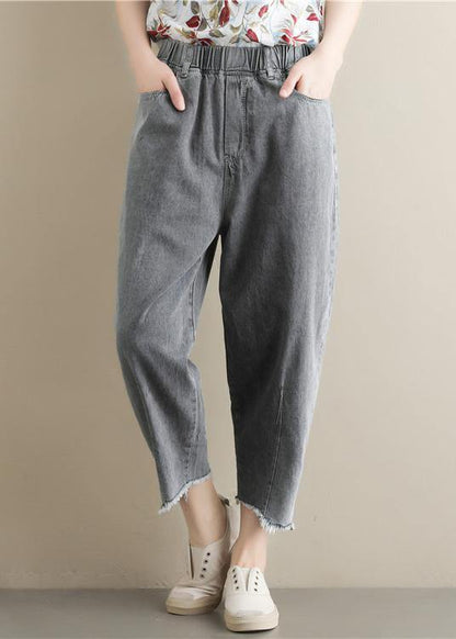 Summer new literary large size gray trousers loose elastic waist casual nine points jeans - SooLinen
