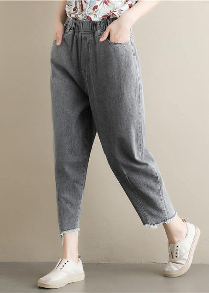 Summer new literary large size gray trousers loose elastic waist casual nine points jeans - SooLinen