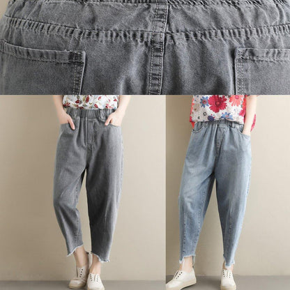 Summer new literary large size gray trousers loose elastic waist casual nine points jeans - SooLinen