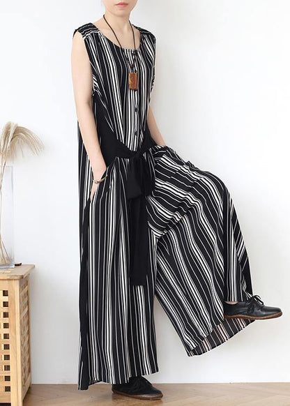 Summer new loose large size travel beach chiffon striped jumpsuit jumpsuit - SooLinen