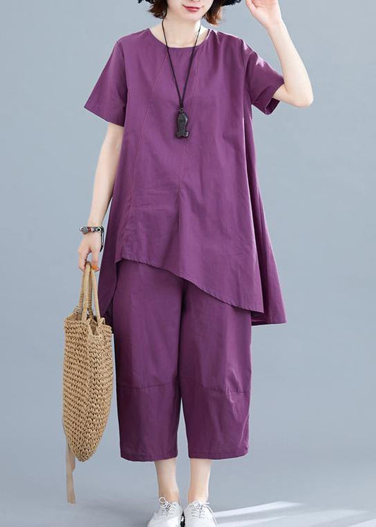 Summer new loose large size women's purple fashion irregular short-sleeved shirt + pants casual cotton and linen - SooLinen
