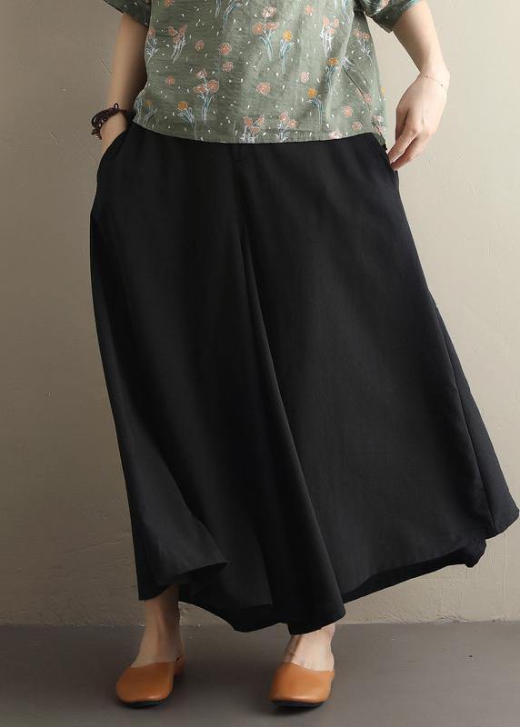 Summer new style literary fan black elastic waist versatile wide leg culottes - SooLinen