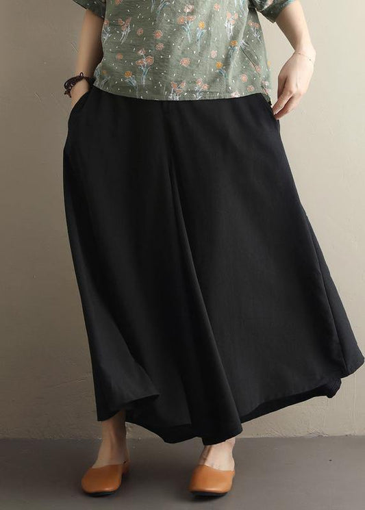 Summer new style literary fan black elastic waist versatile wide leg culottes - SooLinen