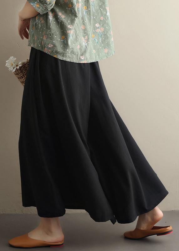 Summer new style literary fan black elastic waist versatile wide leg culottes - SooLinen