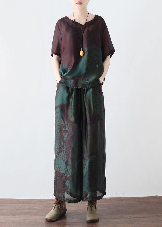 Summer new women's retro green printed silk chiffon two-piece high-end foreign style suit - SooLinen