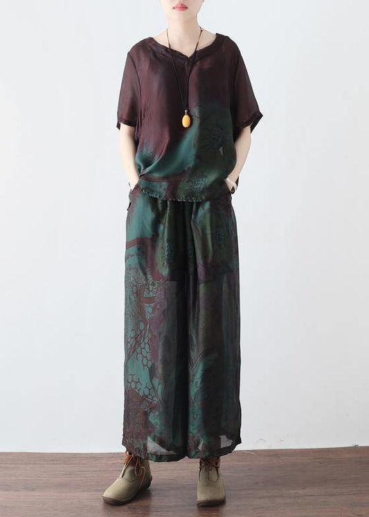 Summer new women's retro green printed silk chiffon two-piece high-end foreign style suit - SooLinen