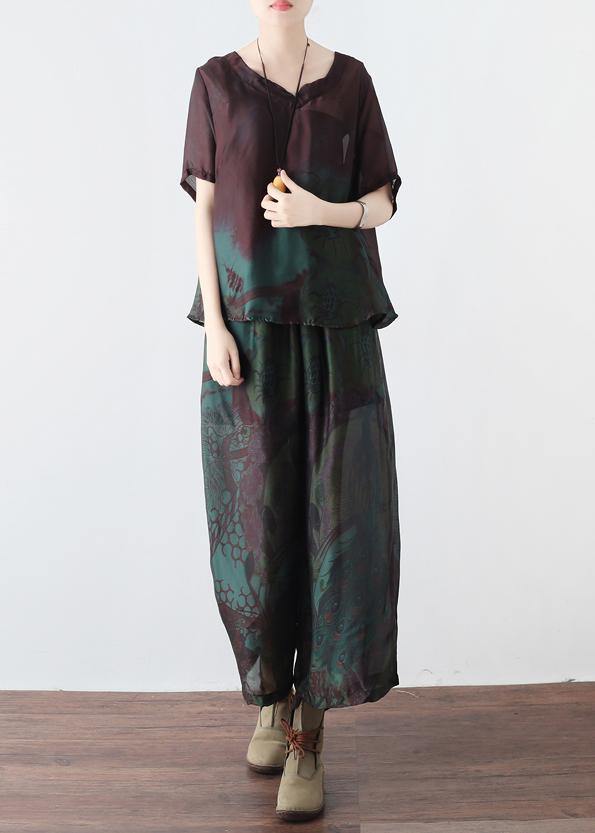 Summer new women's retro green printed silk chiffon two-piece high-end foreign style suit - SooLinen