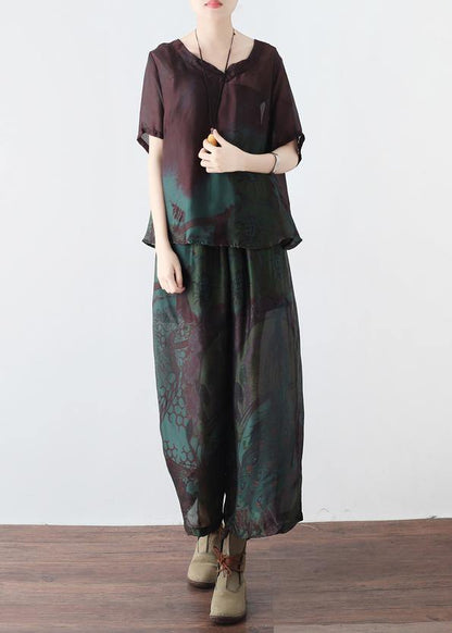 Summer new women's retro green printed silk chiffon two-piece high-end foreign style suit - SooLinen