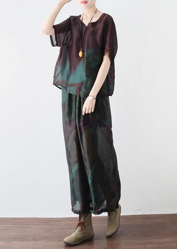 Summer new women's retro green printed silk chiffon two-piece high-end foreign style suit - SooLinen