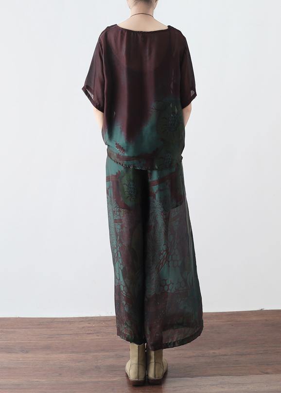 Summer new women's retro green printed silk chiffon two-piece high-end foreign style suit - SooLinen