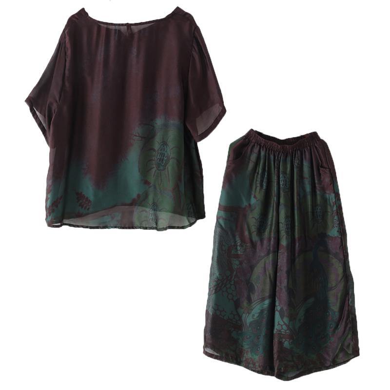 Summer new women's retro green printed silk chiffon two-piece high-end foreign style suit - SooLinen