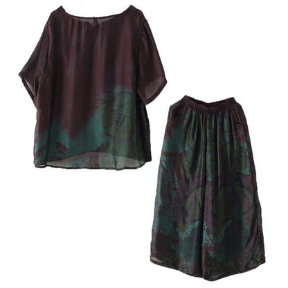 Summer new women's retro green printed silk chiffon two-piece high-end foreign style suit - SooLinen