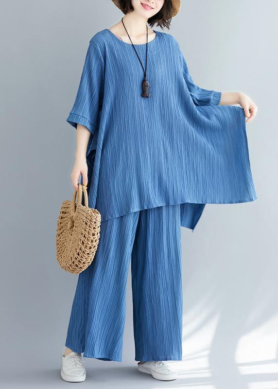 Summer new women's solid color retro blue jacquard cotton sleeves shirt - SooLinen