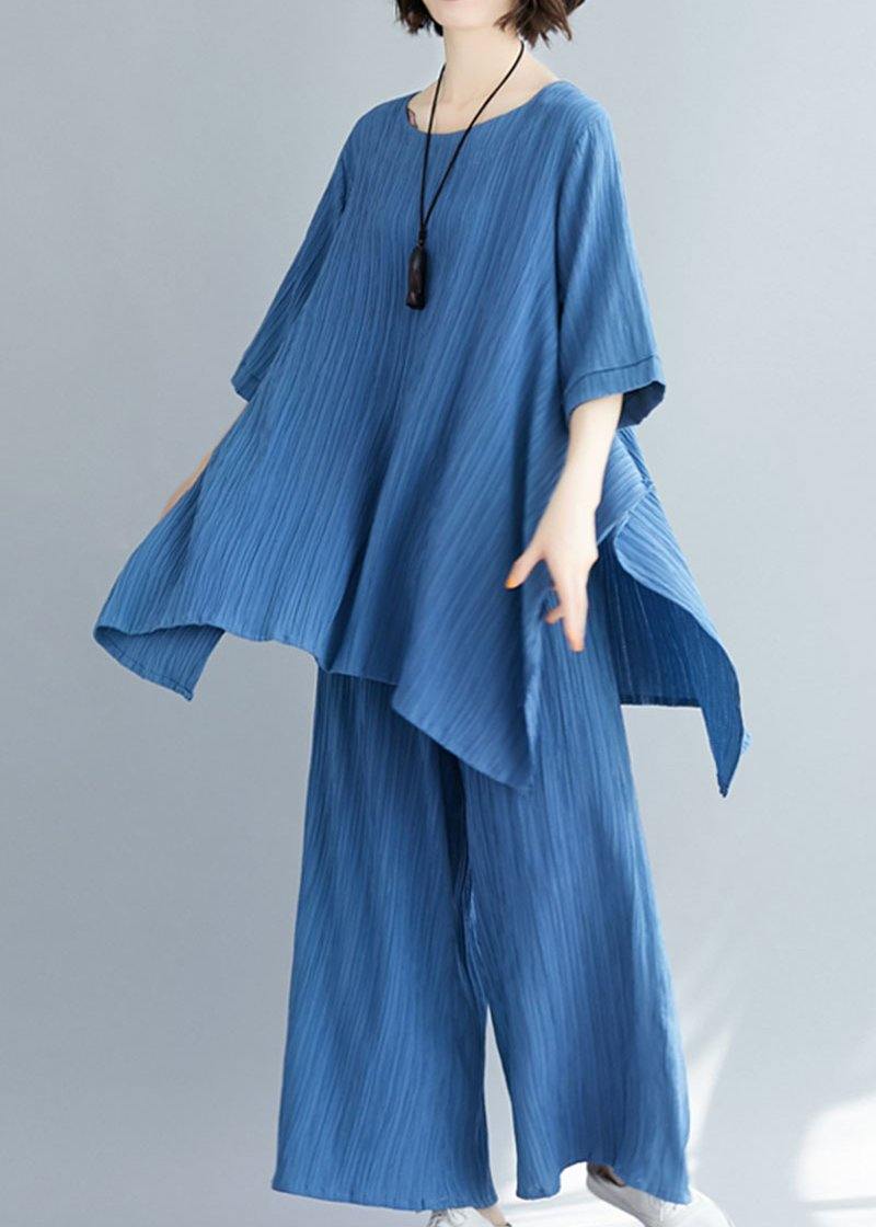 Summer new women's solid color retro blue jacquard cotton sleeves shirt - SooLinen