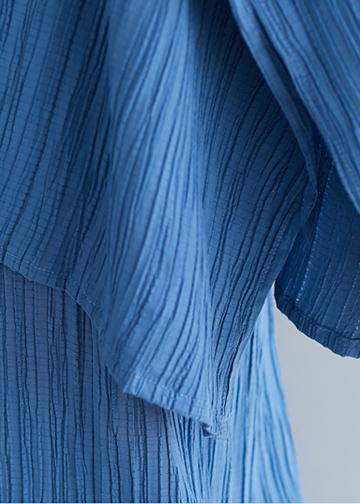 Summer new women's solid color retro blue jacquard cotton sleeves shirt - SooLinen