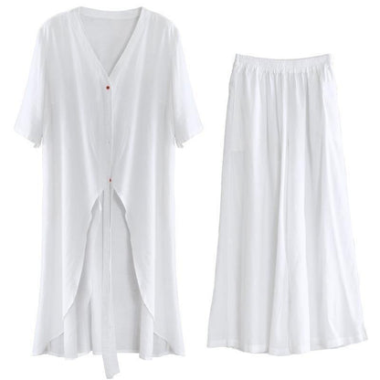 Summer suit white was thin two-piece literary goddess fan shirt - SooLinen