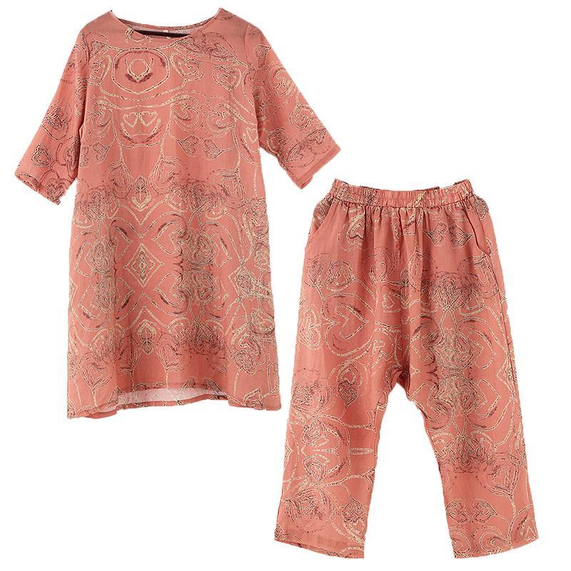 Summer wear new retro ramie fan abstract print dress harem pants casual suit two pieces - SooLinen
