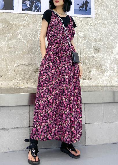 Suspender jumpsuit female summer high waist printed chiffon long casual jumpsuit - SooLinen