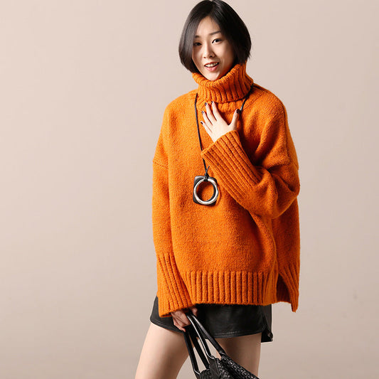 Pulloverkleid Damen High Neck Gelb Tunika Strickkleid Herbst Seite offen