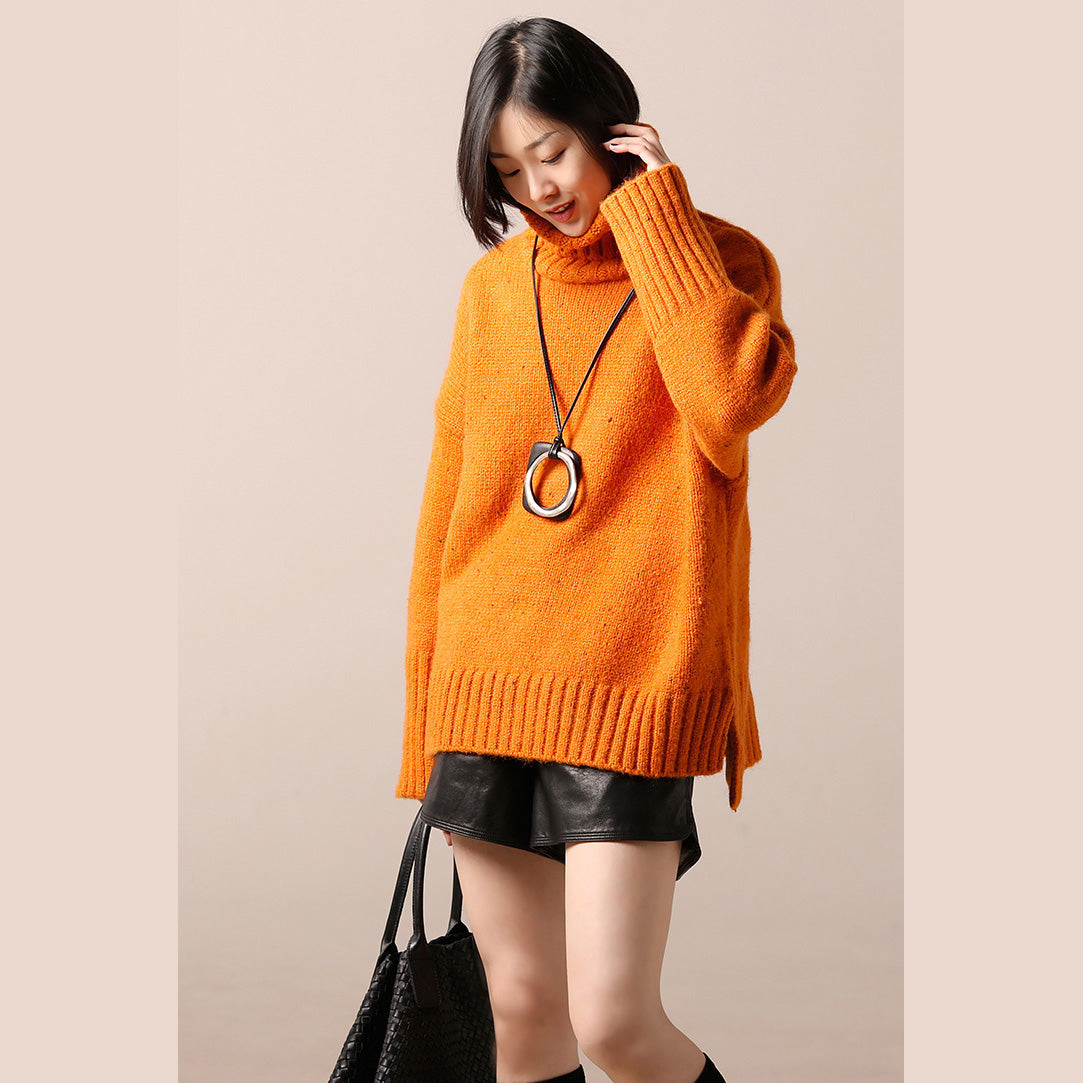 Pulloverkleid Damen High Neck Gelb Tunika Strickkleid Herbst Seite offen