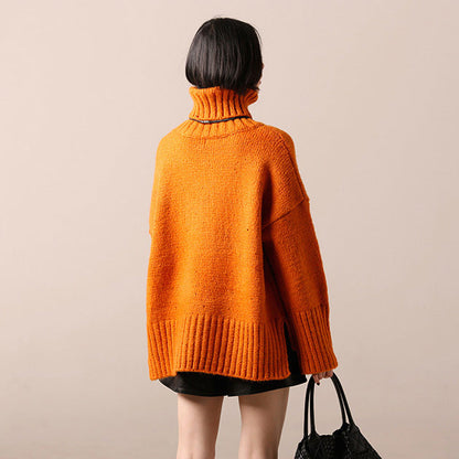 Pulloverkleid Damen High Neck Gelb Tunika Strickkleid Herbst Seite offen