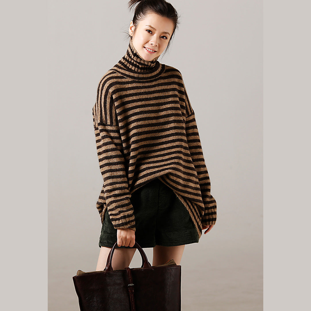 Pullover Pullover Vintage High Neck Khaki dick Art gestrickte Tops gestreift